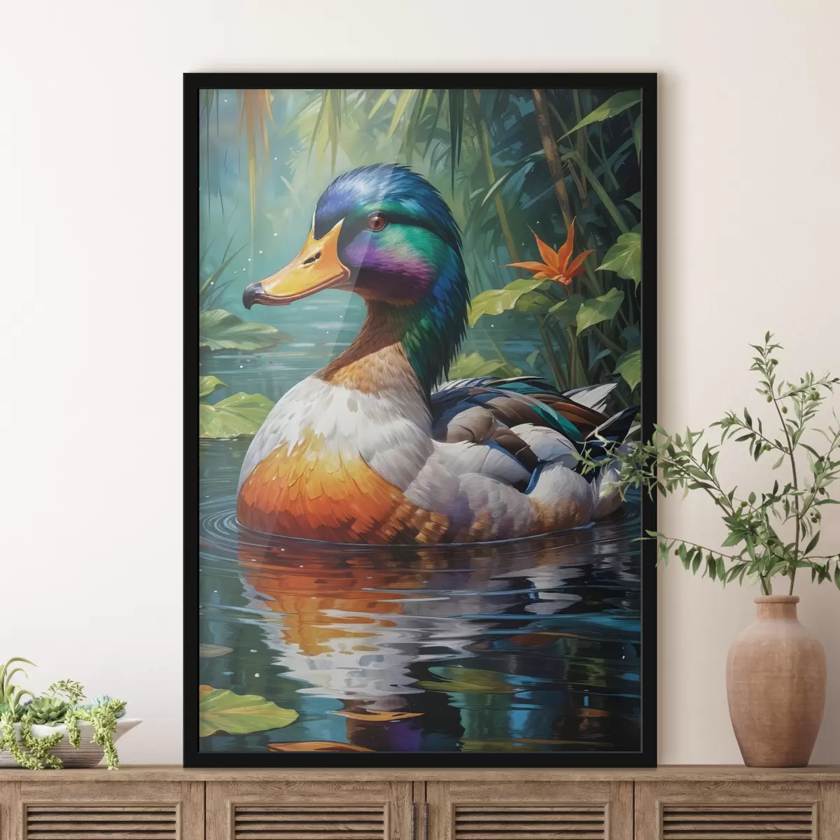 Affiche Un canard mandarin mâle coloré nageant dans un étang au feuillage vert luxuriant et aux feuilles d'automne tombées au sol f40594