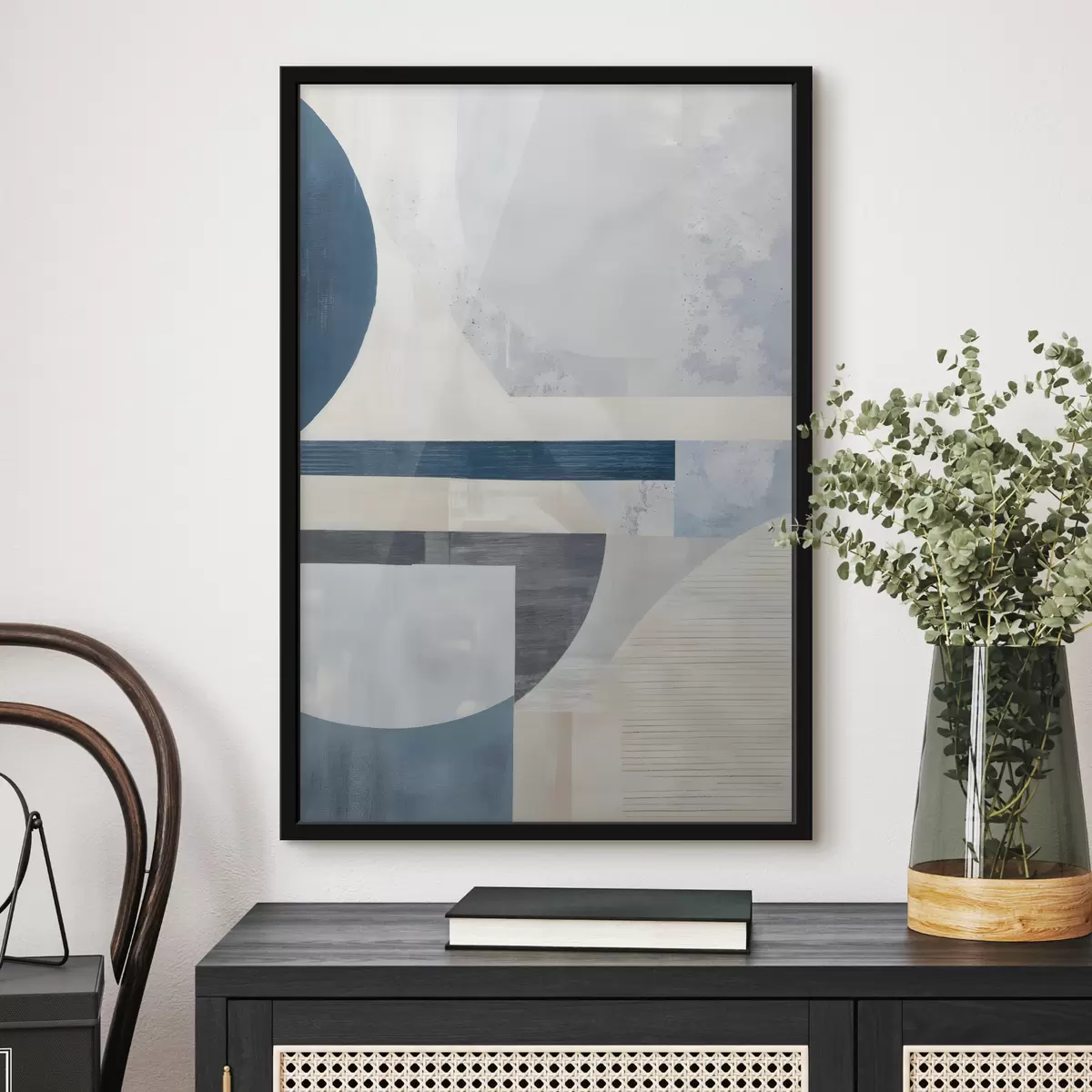 Poster Een minimalistische abstractie met geometrische vormen en texturen in blauw-, grijs- en wittinten f40596