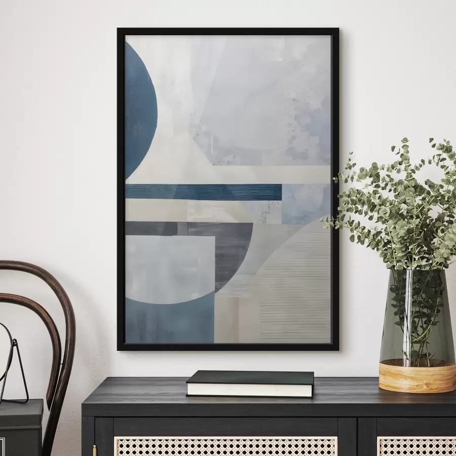  Schilderijen Een minimalistische abstractie met geometrische vormen en texturen in blauw-, grijs- en wittinten f40596