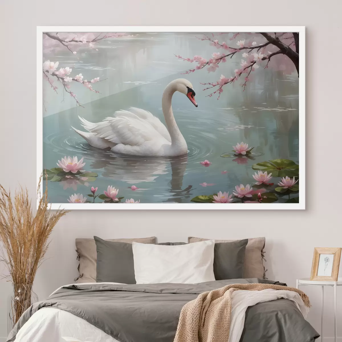 Poster Een sierlijke witte zwaan zwemmend in een serene vijver omringd door bloeiende roze kersenbloesembomen f40597