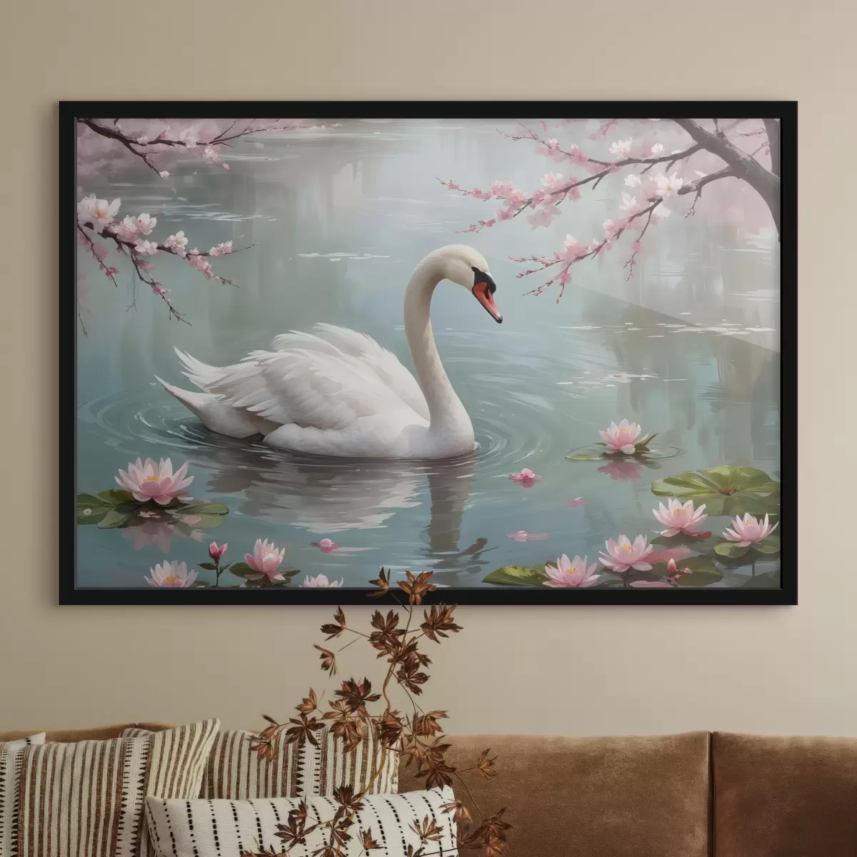 Affiche Un gracieux cygne blanc nageant dans un étang serein entouré de cerisiers roses en fleurs f40597