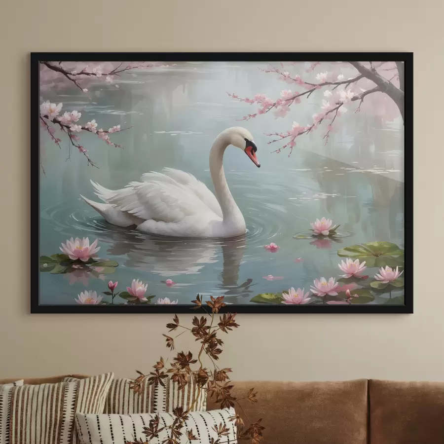 Fotobehang Een sierlijke witte zwaan zwemmend in een serene vijver omringd door bloeiende roze kersenbloesembomen f40597