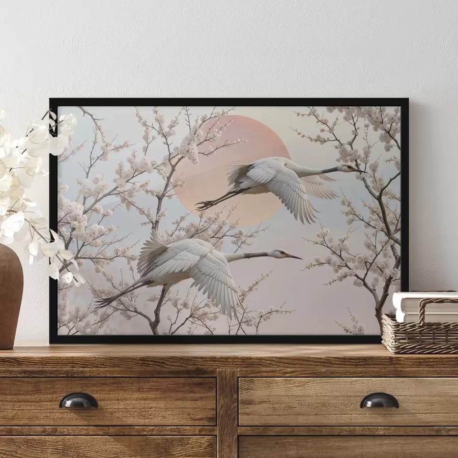 Fotobehang Twee witte kraanvogels vliegen tussen de bloeiende kersenbloesembomen tegen een roze ondergaande zon f40601