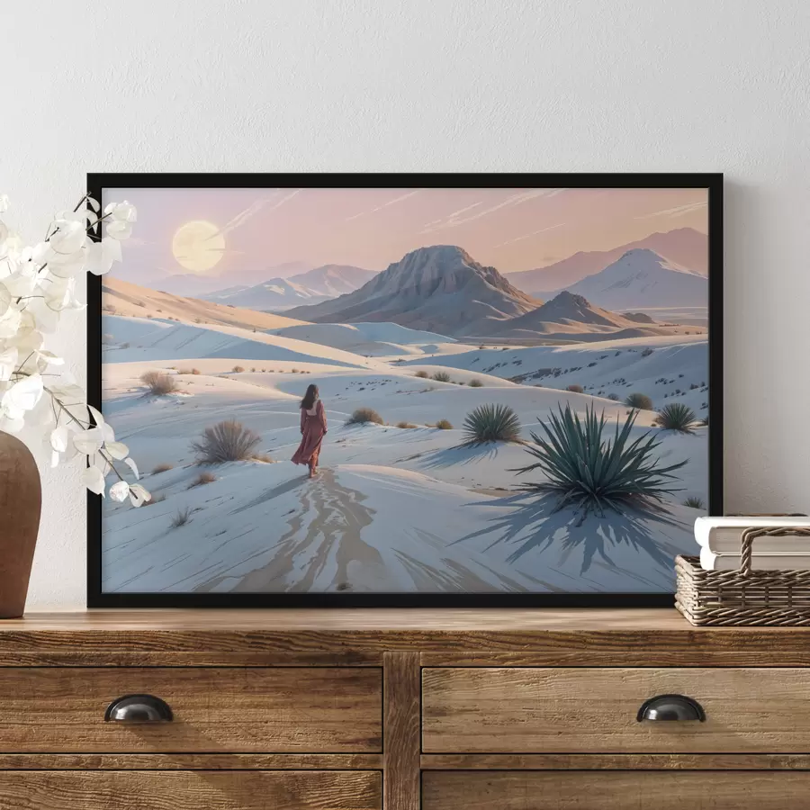 Fotobehang Een vrouw in een rode jurk in een woestijnlandschap met een berg op de achtergrond en zandduinen f40603