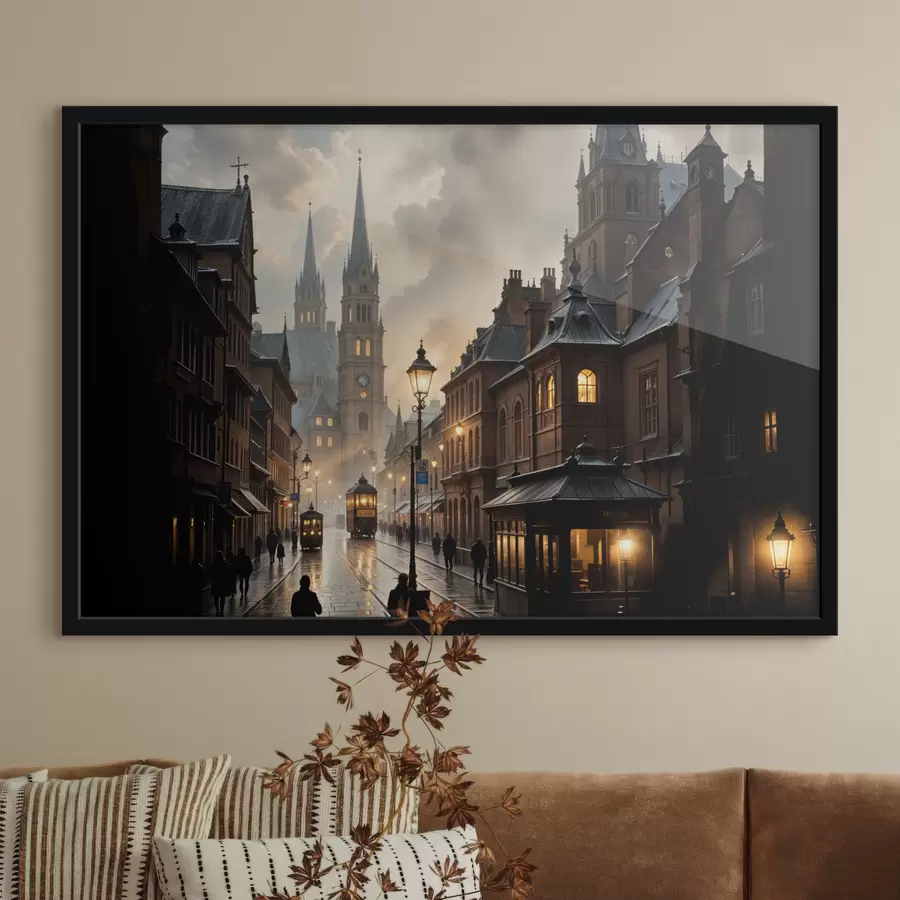 Papier peint photo Une soirée pluvieuse dans une vieille ville européenne, avec des rues pavées, des bâtiments historiques et un tramway qui passe f40604