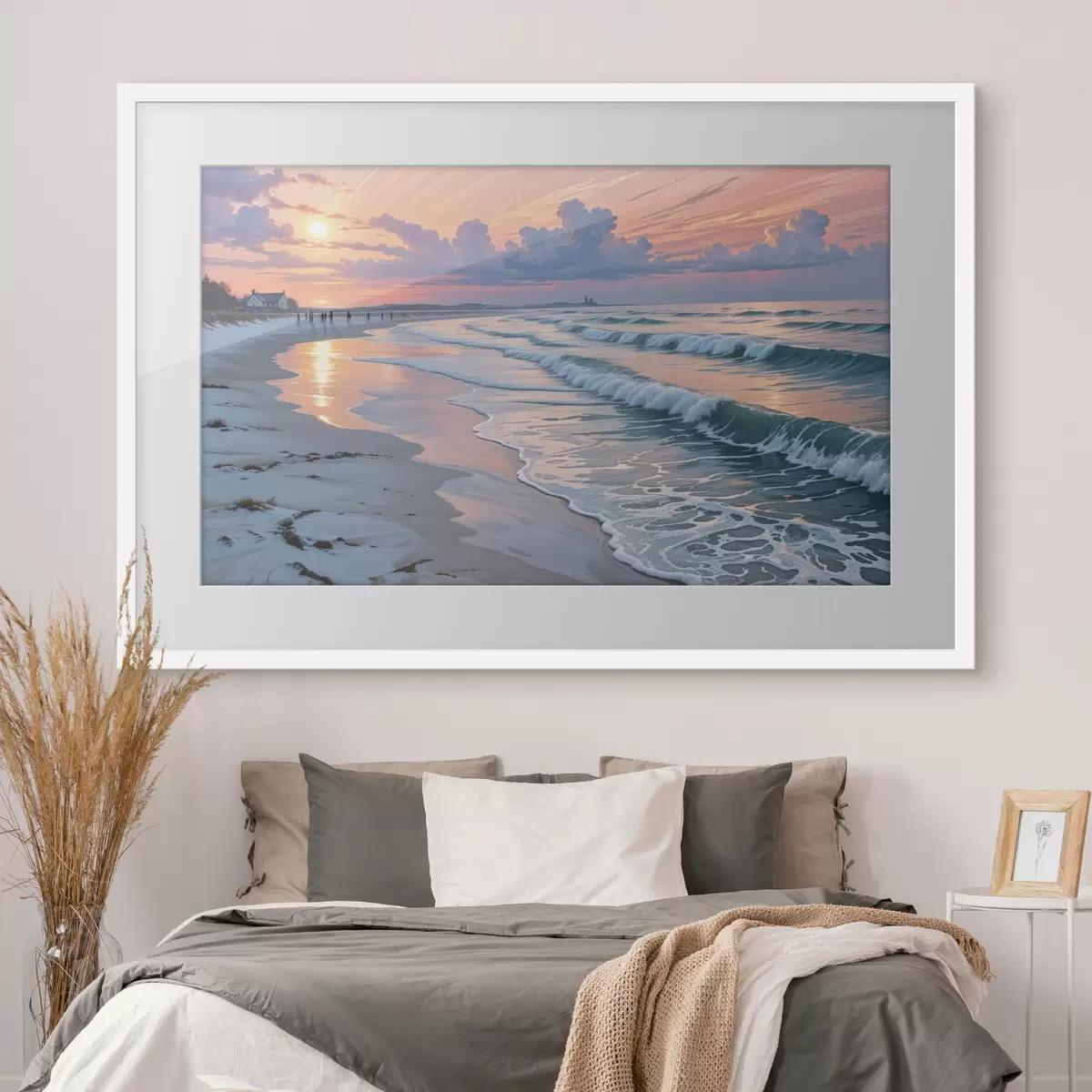Affiche Une scène de plage sereine au coucher du soleil, avec de douces vagues s'échouant sur le rivage sablonneux f40606