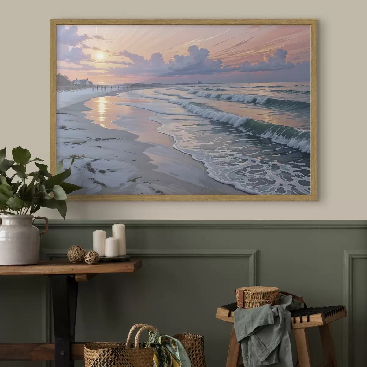 Affiche Une scène de plage sereine au coucher du soleil, avec de douces vagues s'échouant sur le rivage sablonneux f40606