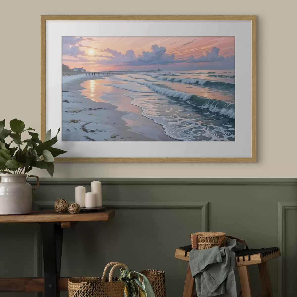 Affiche Une scène de plage sereine au coucher du soleil, avec de douces vagues s'échouant sur le rivage sablonneux f40606