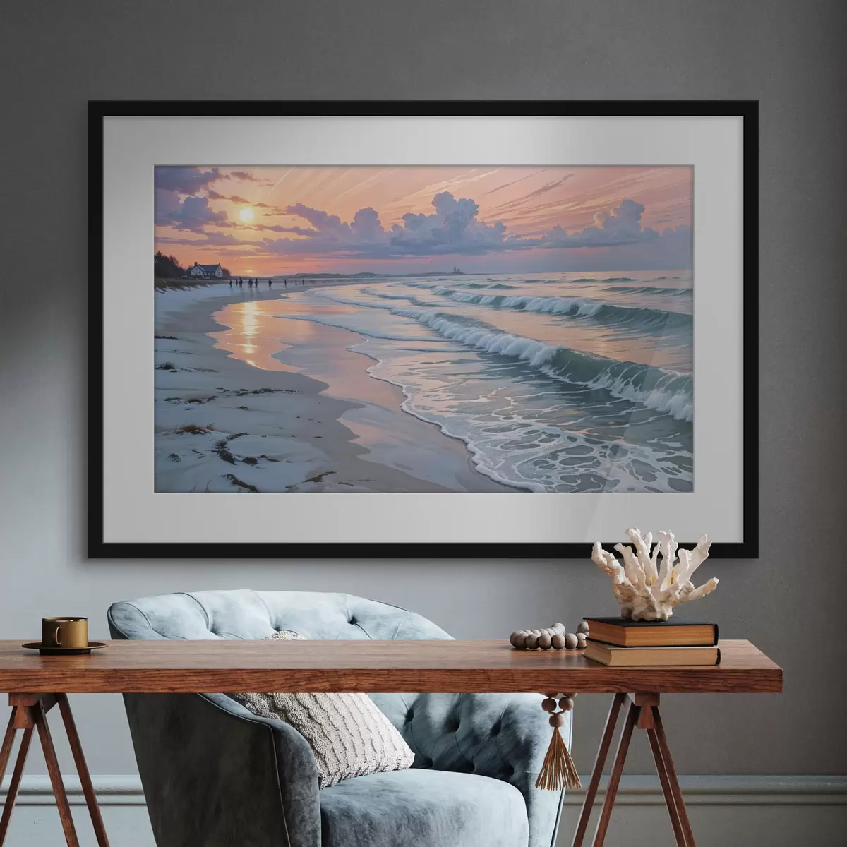 Affiche Une scène de plage sereine au coucher du soleil, avec de douces vagues s'échouant sur le rivage sablonneux f40606