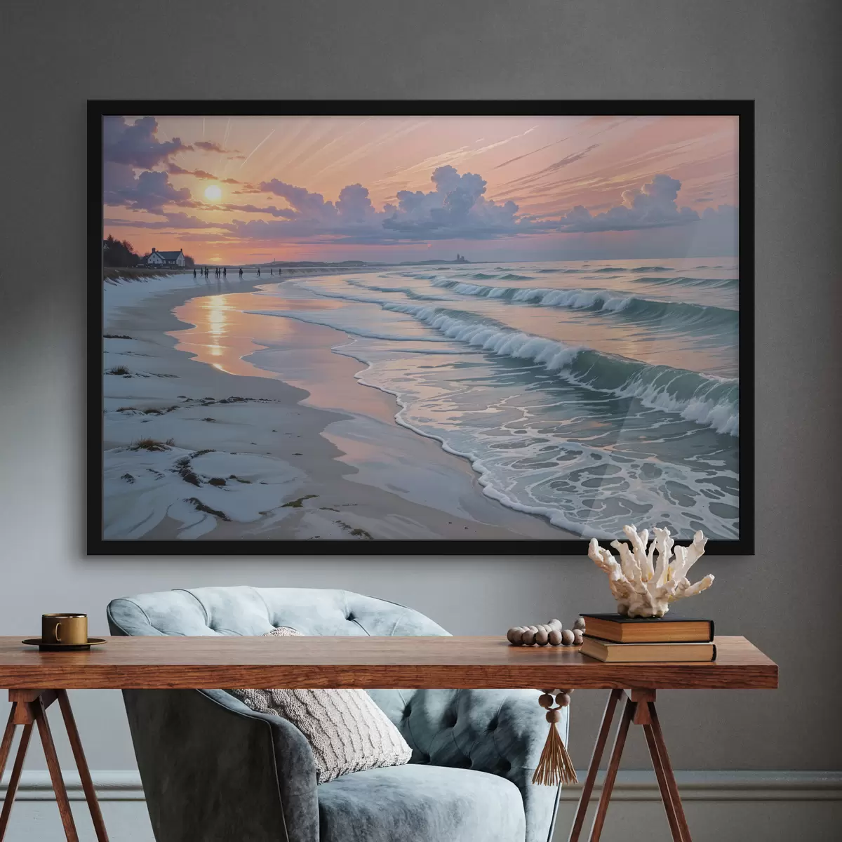 Affiche Une scène de plage sereine au coucher du soleil, avec de douces vagues s'échouant sur le rivage sablonneux f40606