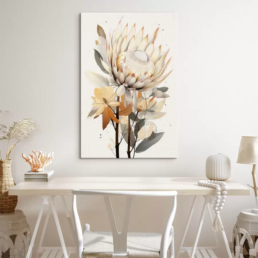  Schilderijen Prachtige protea bloemen met weelderige bladeren, zachte beige kleuren, katoen s40817
