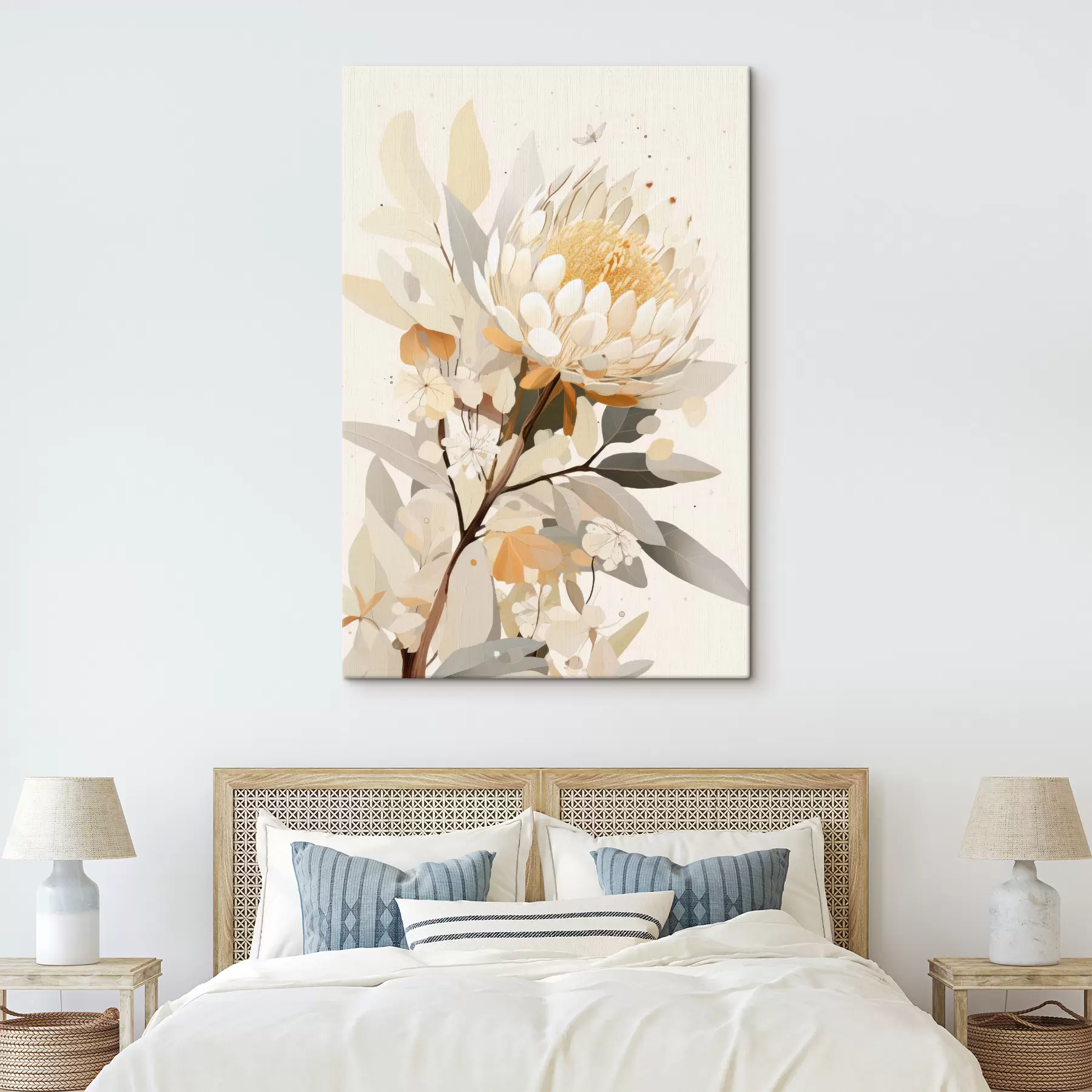  Schilderijen Proteabloem in zacht beige kleurenpalet, bloemenabstratie s40819