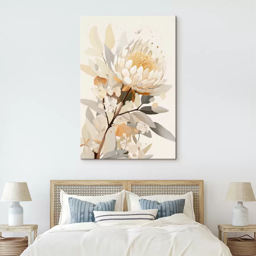  Schilderijen Proteabloem in zacht beige kleurenpalet, bloemenabstratie s40819