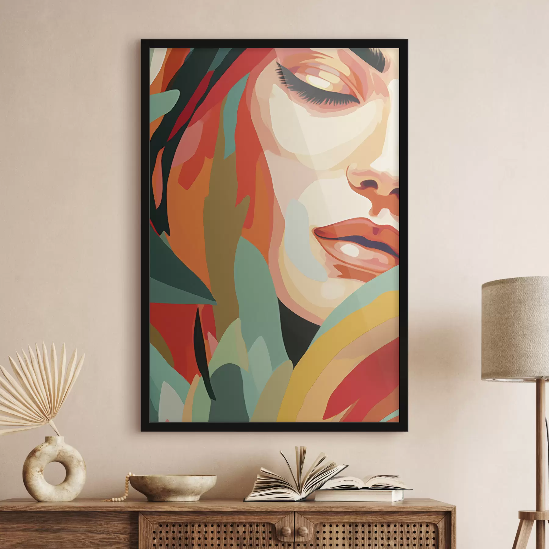 Papier peint photo Beau visage de femme, abstraction géométrique, floral, dessin acrylique f40815