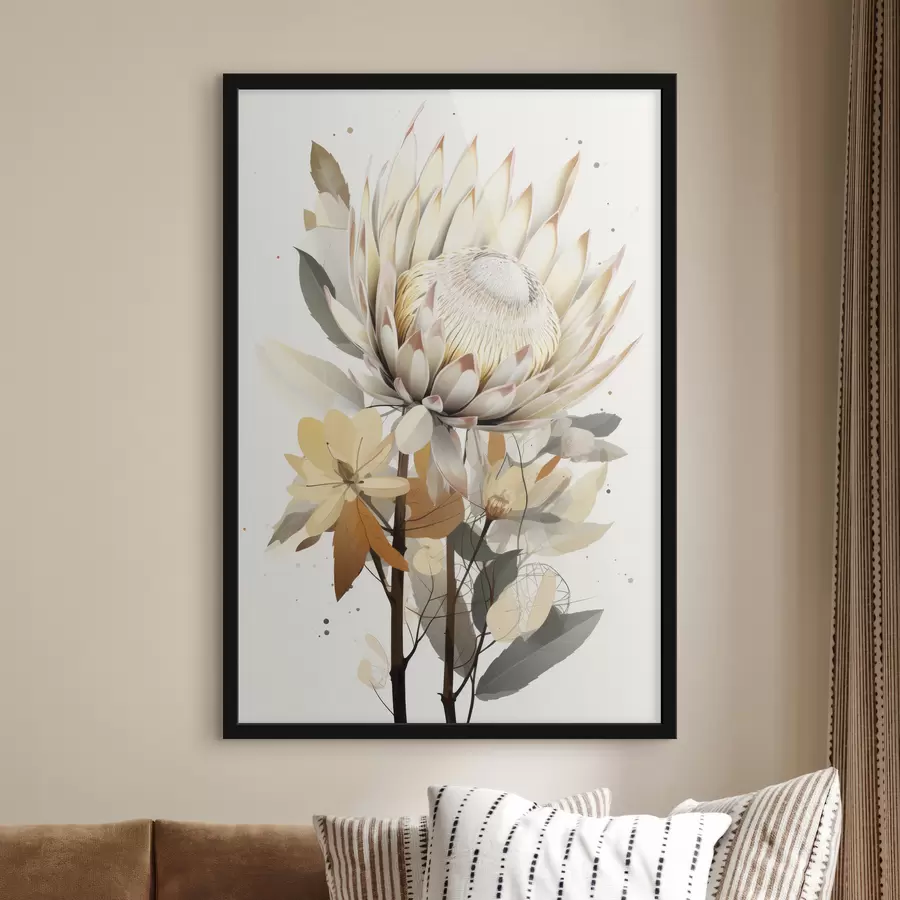 Fotobehang Prachtige protea bloemen met weelderige bladeren, zachte beige kleuren, katoen f40817