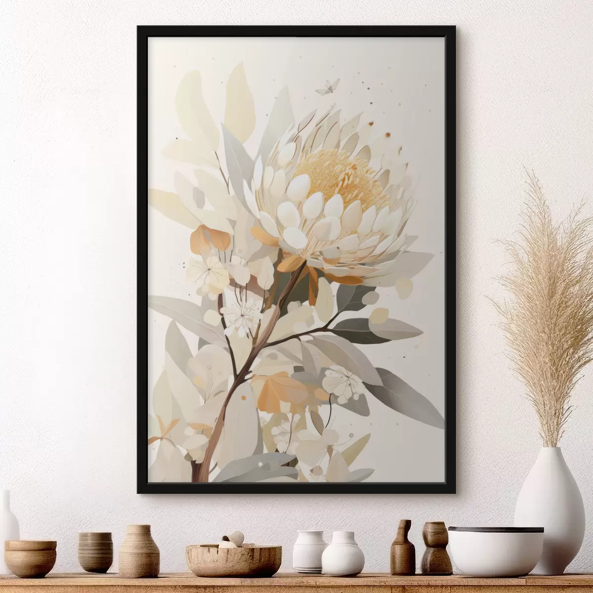 Affiche Fleur de Protea dans une palette de couleurs beige tendre, abstration florale f40819