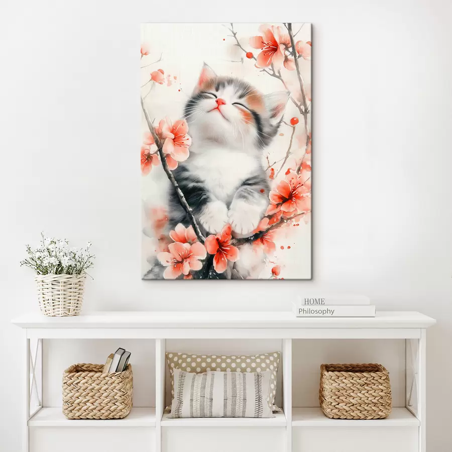  Peintures Chaton mignon sur une branche avec des fleurs s40734