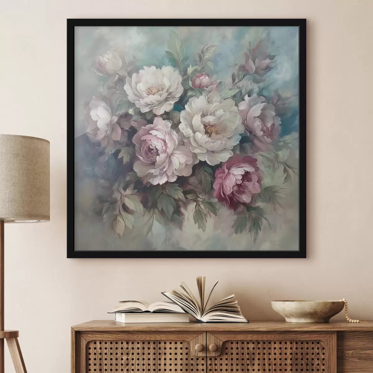 Affiche Bouquet de pivoines roses et blanches en peinture à l'huile f40582