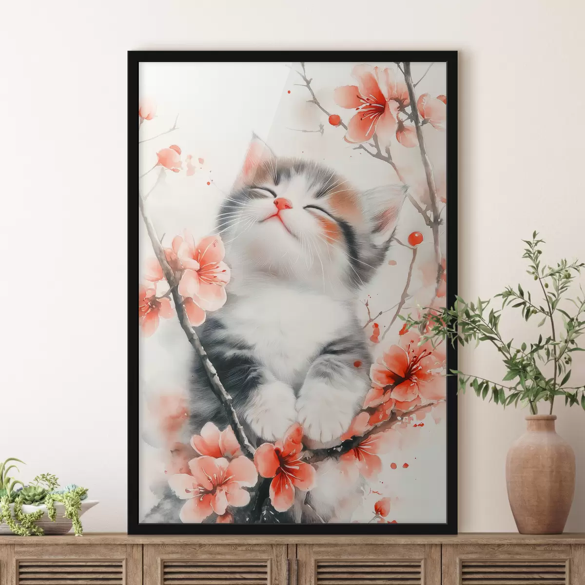 Affiche Chaton mignon sur une branche avec des fleurs f40734
