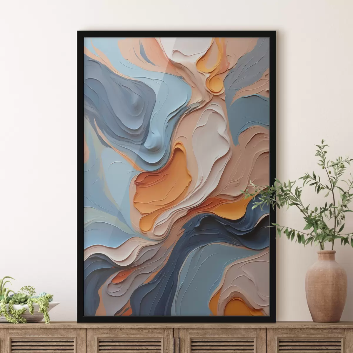Affiche Abstraction dans les tons bleu et orange avec texture d'imitation f40743