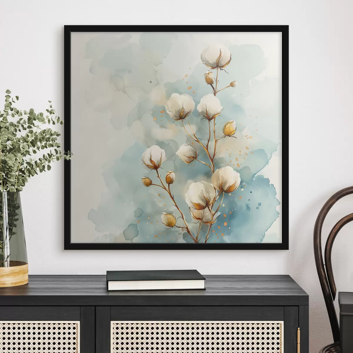 Poster Katoenen tak op aquarelachtergrond f40780