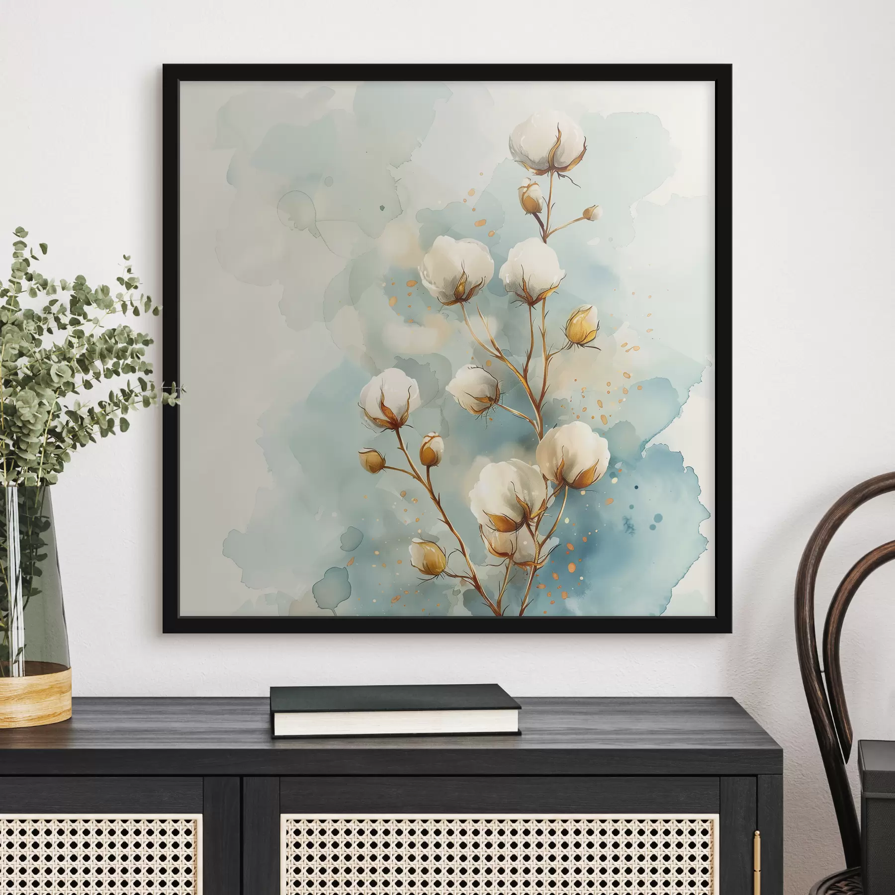 Papier peint photo Branche de coton sur fond d'aquarelle f40780