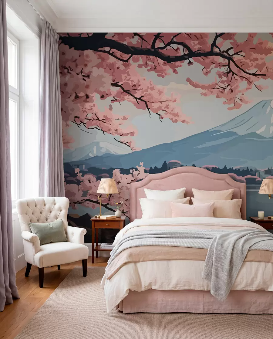Papier peint photo Sakura, montagnes, aquarelle w01664