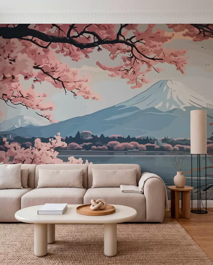 Fotobehang Sakura, bergen, aquarel w01664