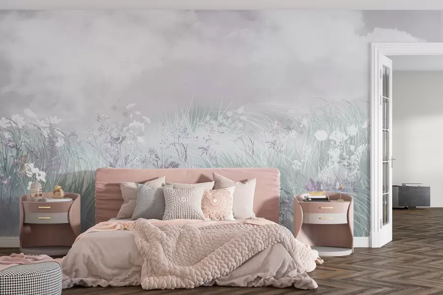 Fotobehang Wilde bloemen en grassen met roze lucht en wolken w01624v1