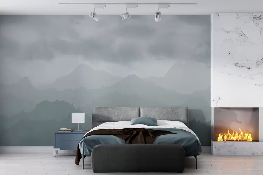 Fotobehang Mistige bergen met cirrus blauwe wolken in de lucht w01637v2