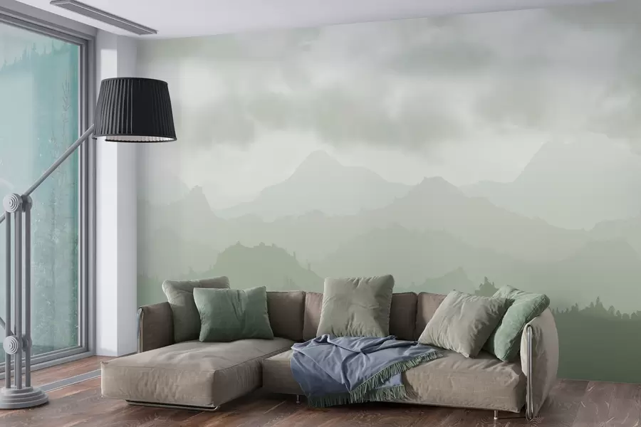 Fotobehang Mistige bergen met cumulus wolken in de lucht w01637v3