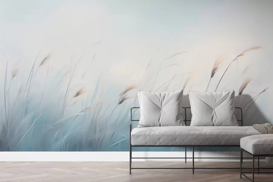 Fotobehang Delicate veldgrassen op een blauwe achtergrond w01643
