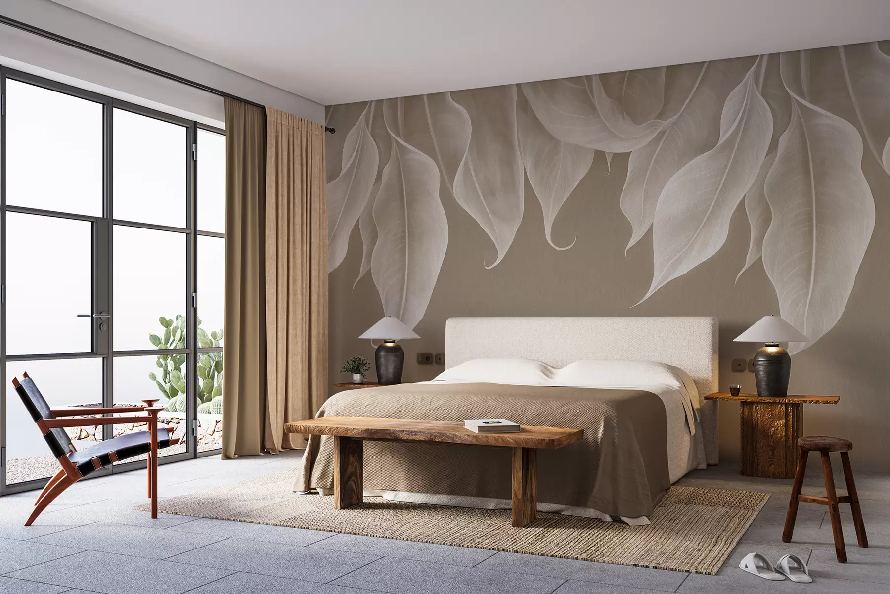 Fotobehang hangende grote bladeren in beige kleur w01680