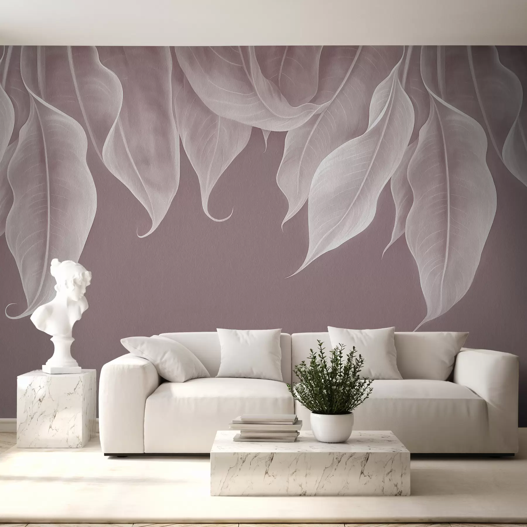 Fotobehang hangende grote bladeren in roze kleur w01680v2