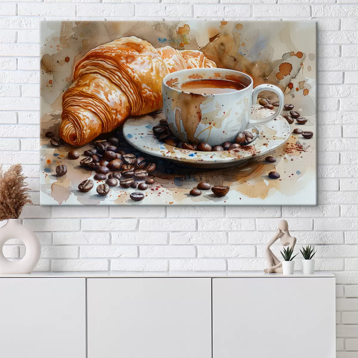  Peintures Croissant, matin, croissant et tasse de café, aquarelle s40782