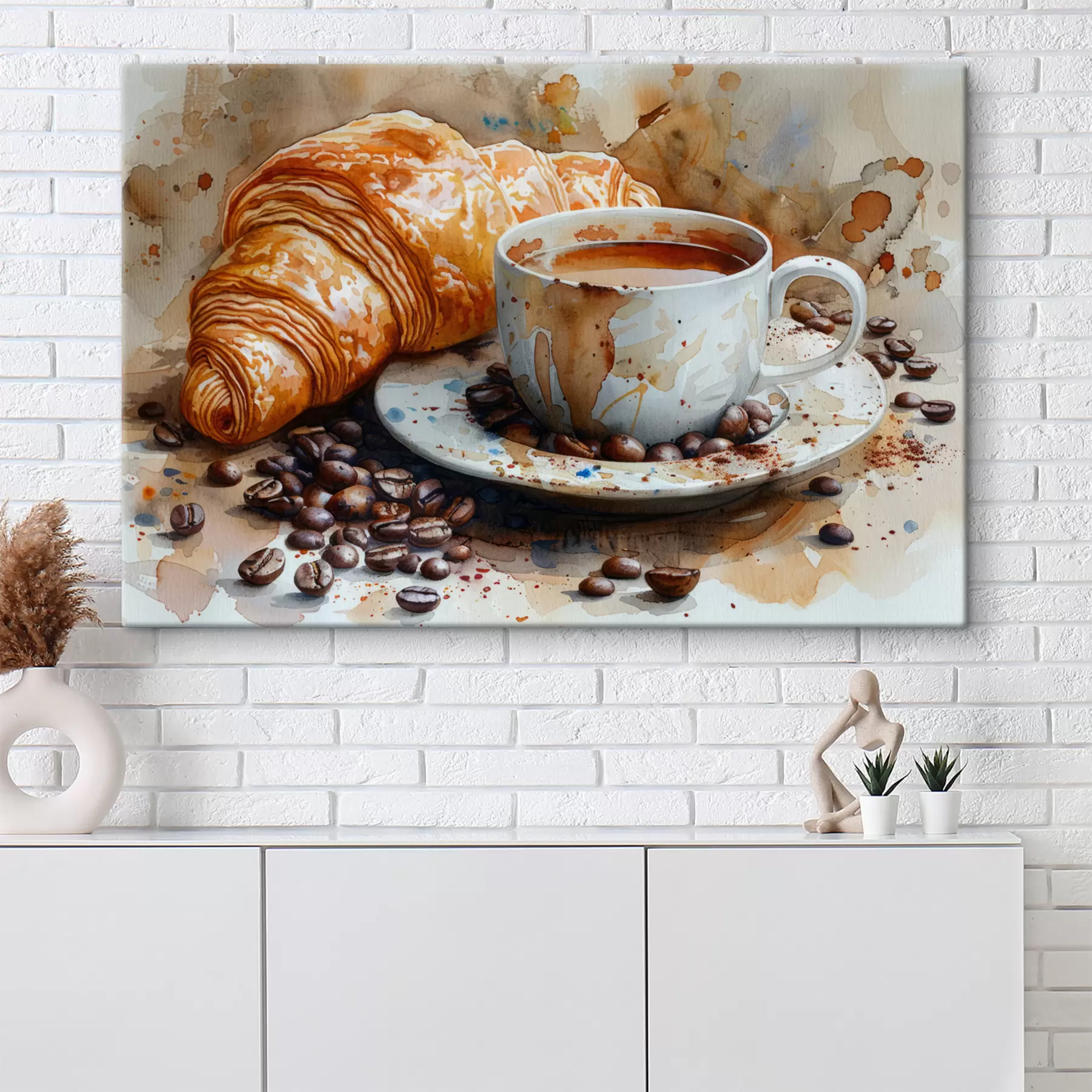 Peintures Croissant, matin, croissant et tasse de café, aquarelle s40782