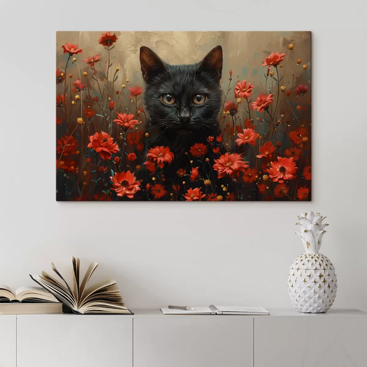  Schilderijen Kat, bloemen, zwarte kat s40839