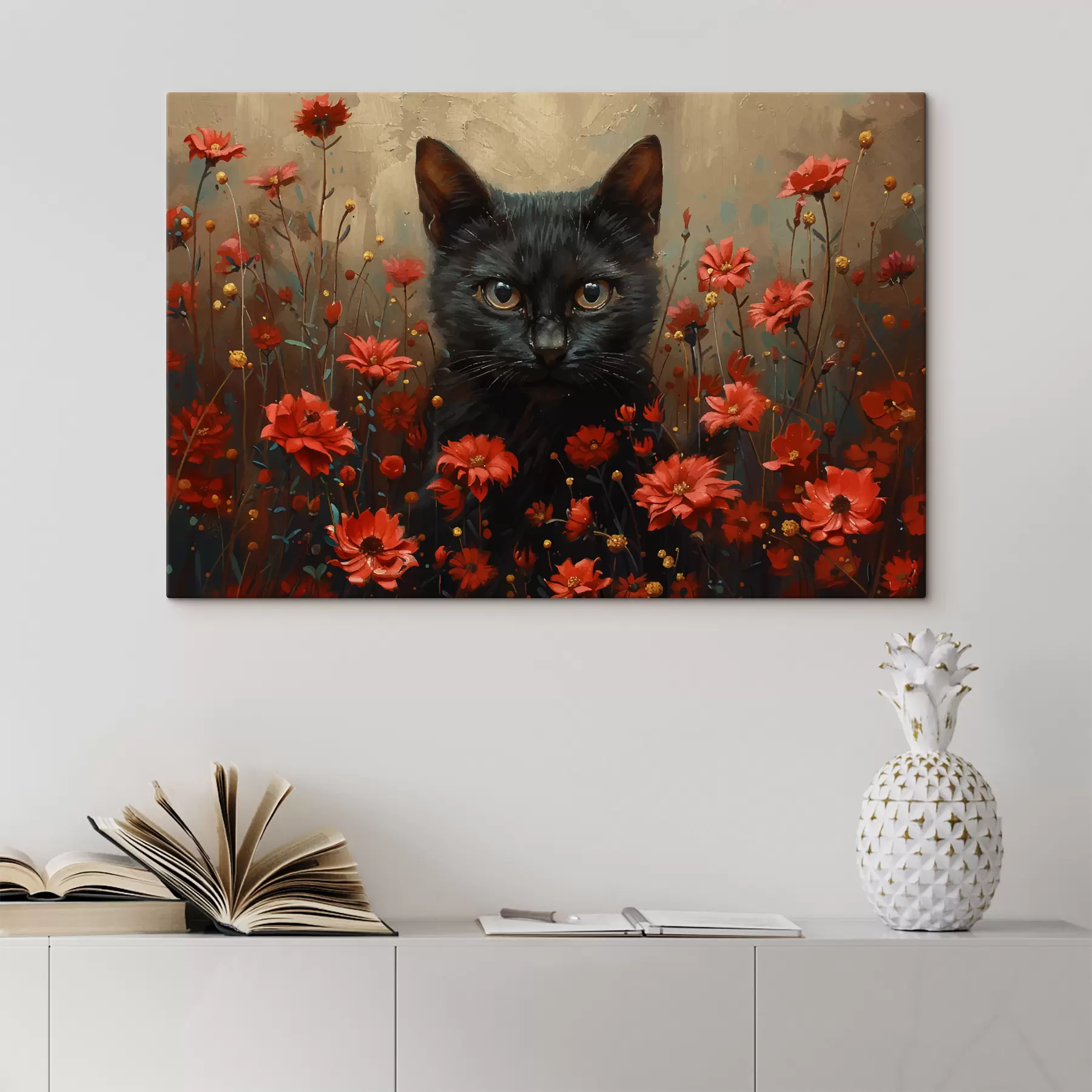 Papier peint photo Chat, fleurs, chat noir s40839