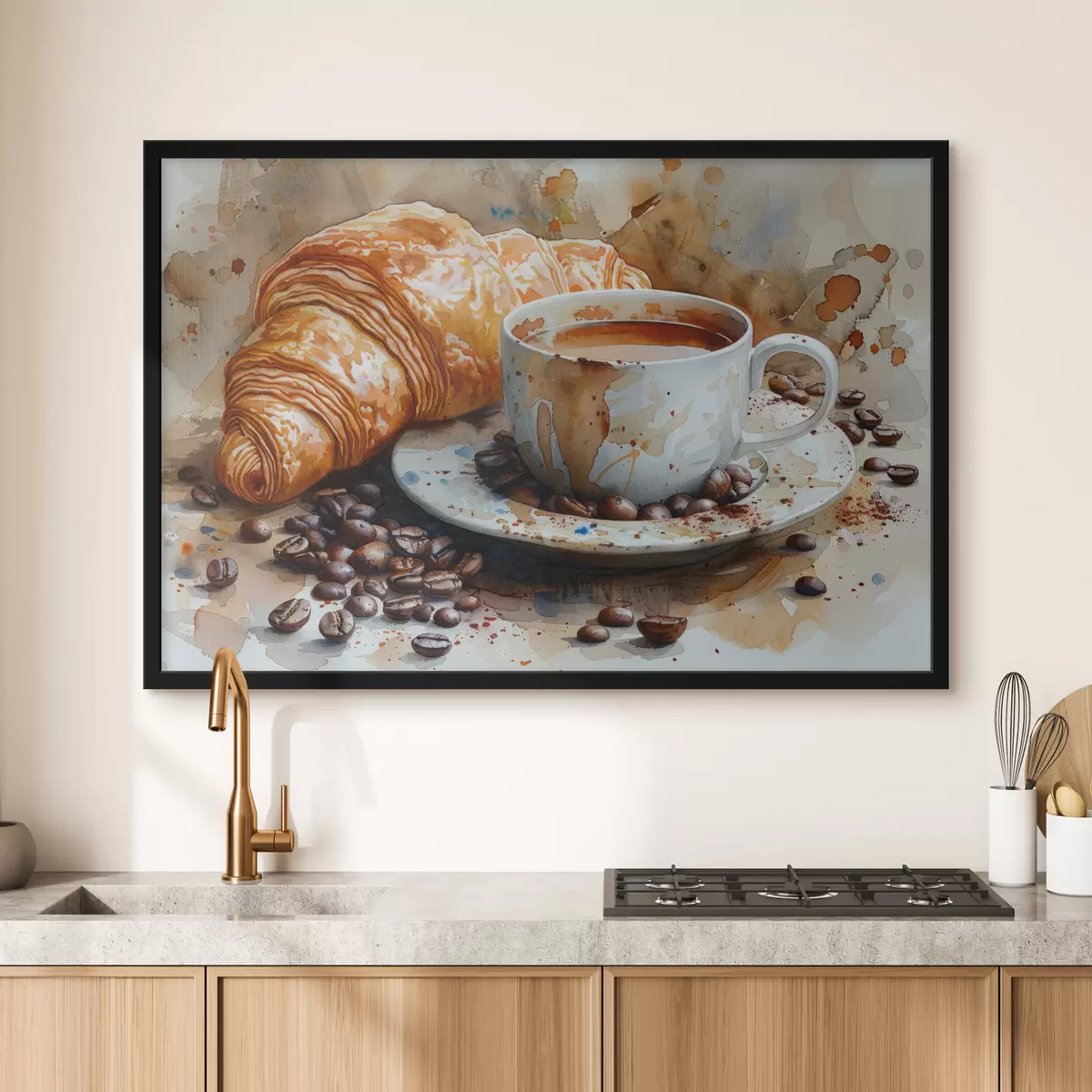 Affiche Croissant, matin, croissant et tasse de café, aquarelle f40782