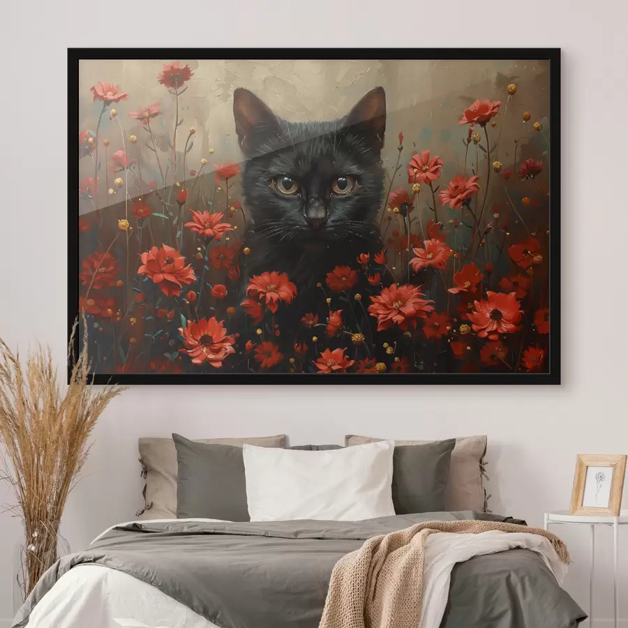 Fotobehang Kat, bloemen, zwarte kat f40839
