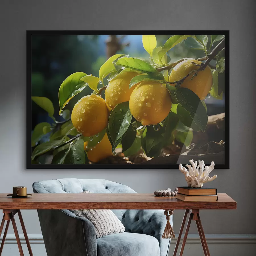 Fotobehang Citroenen, citroenen aan de boom, dauw f40840