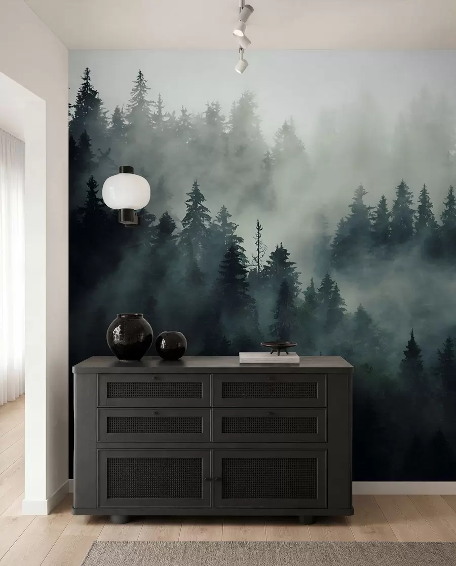 Fotobehang Mistige ochtend, bos u36439