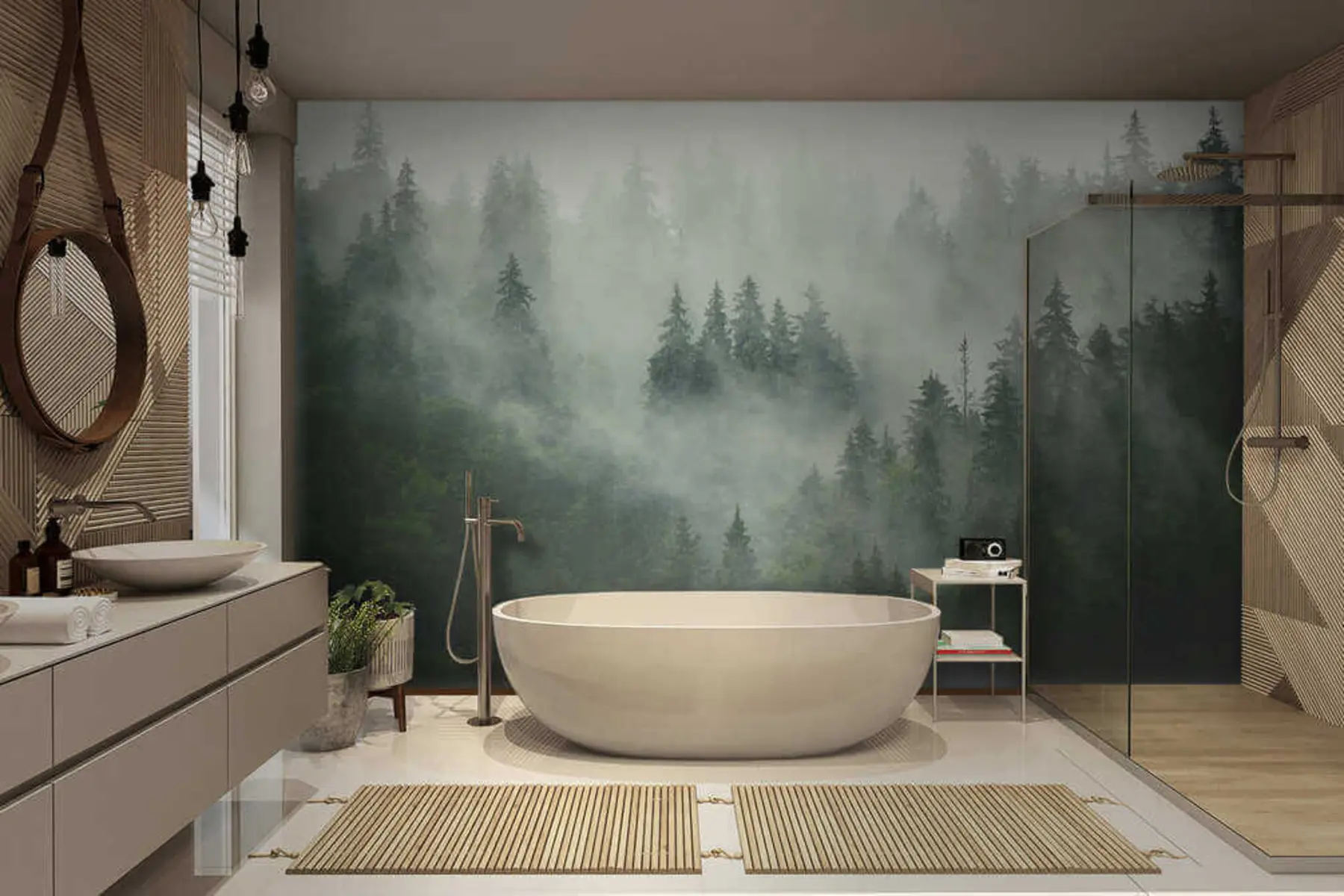 Fotobehang Mistige ochtend, bos u36439