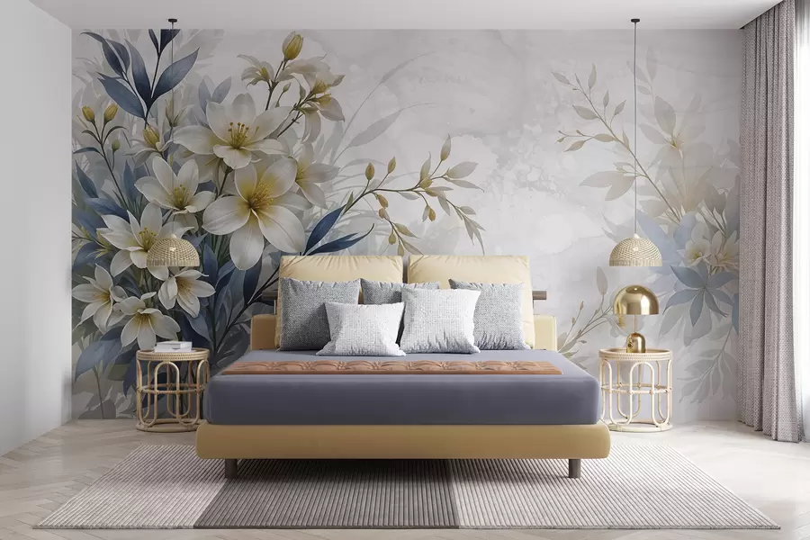 Fotobehang Wit, beige en blauw bloemenboeket met fijne blaadjes op een zachte, onscherpe achtergrond w08314