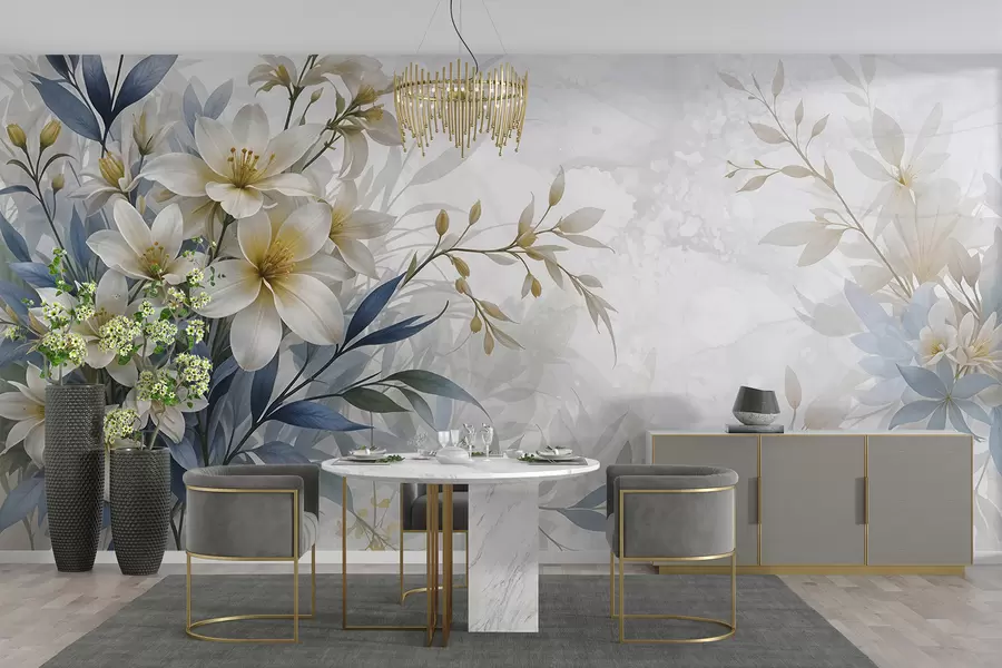 Papier peint photo Bouquet floral blanc, beige et bleu avec des feuilles délicates sur un fond doux et flou w08314