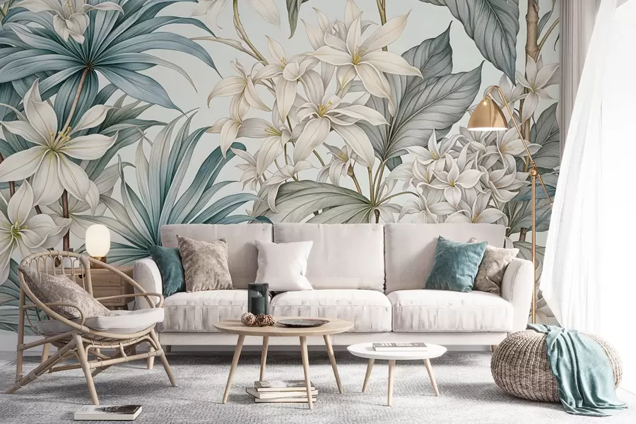 Fotobehang Een tropische bloemenprint met grote witte en lichtblauwe bloemen, groene bladeren en een neutrale achtergrond w08318