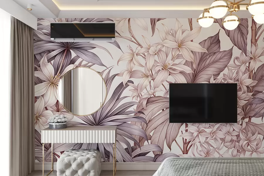 Fotobehang Een tropische bloemenprint met grote witte en lichtroze bloemen, bordo bladeren en een neutrale achtergrond w08318v1
