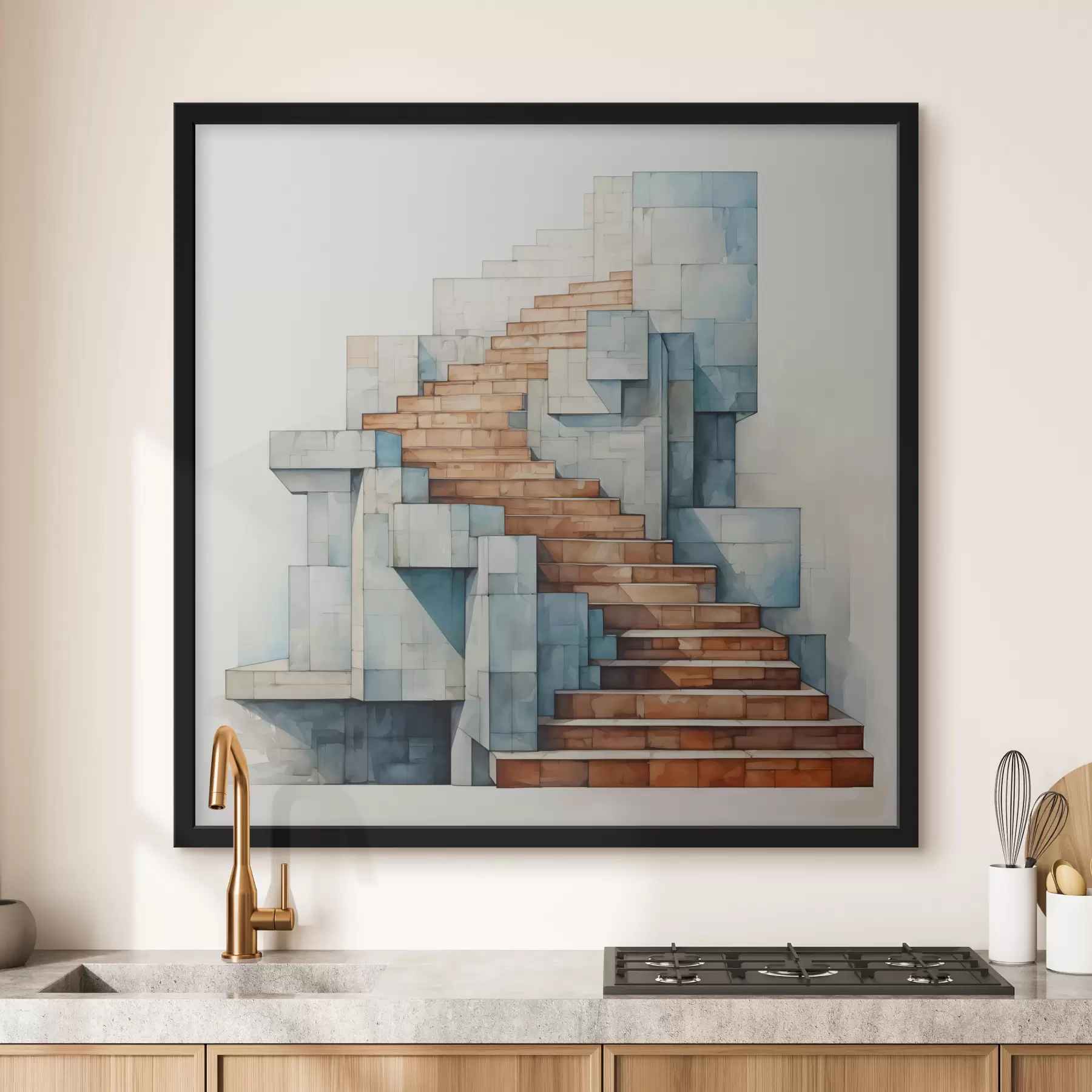 Papier peint photo Escalier en pierre paysage architectural abstrait aquarelle f40891