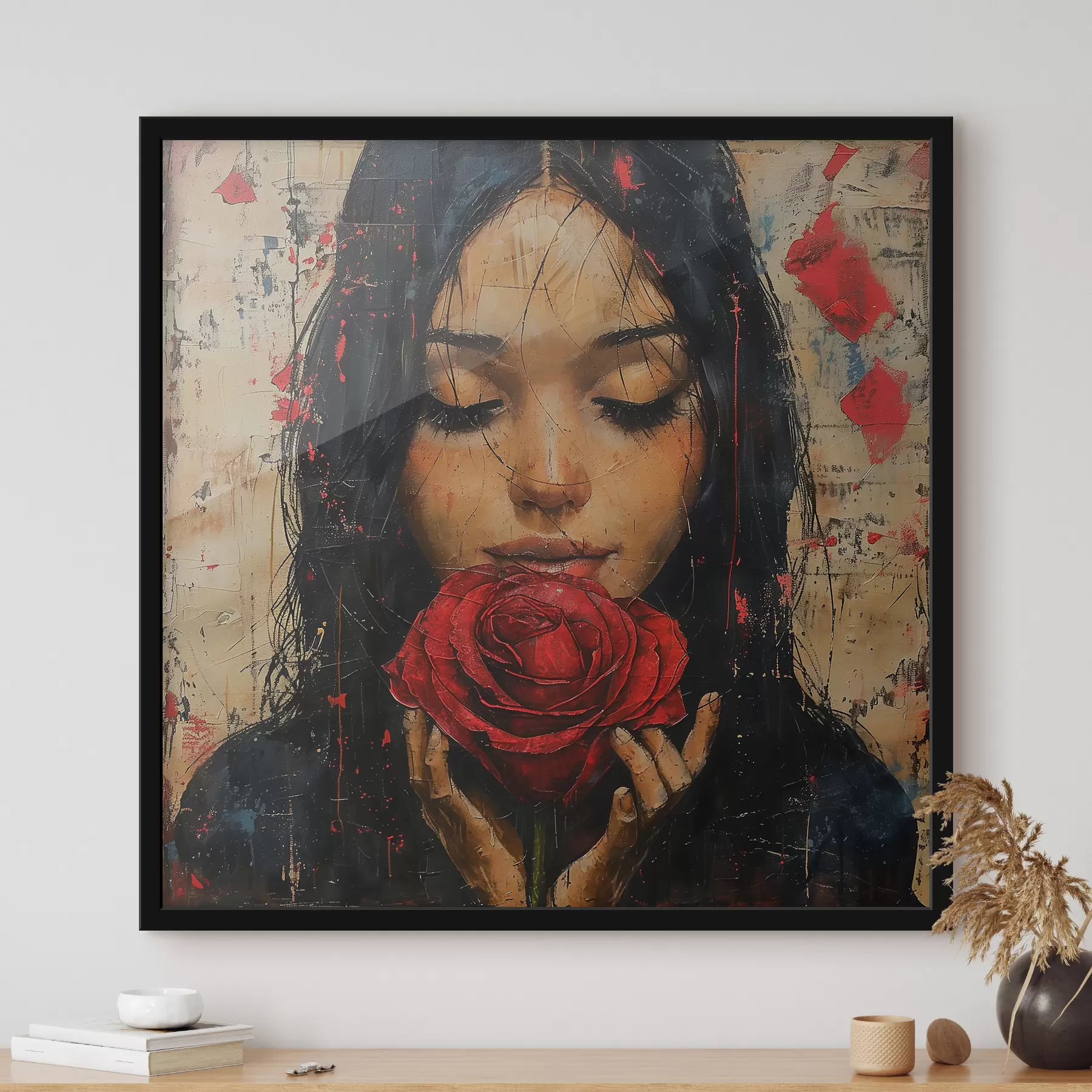  Peintures Fille avec une rose rouge f40898