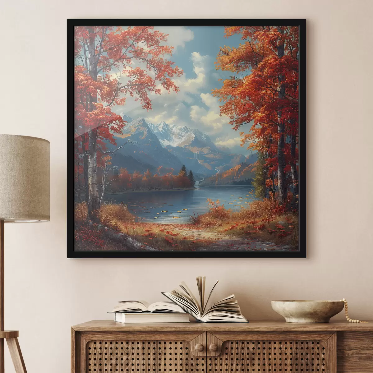Affiche Paysage d'automne sur fond de montagnes près d'un étang f40903